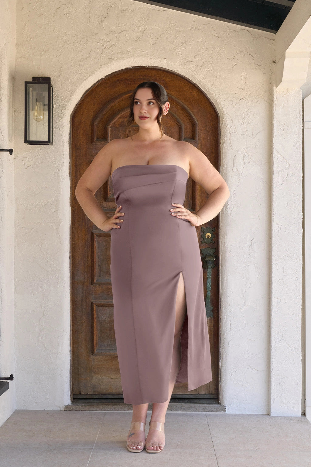 Elegant Sheath Straight Neck Strapless Zipper Back Plus Size Wedding Guest Dress