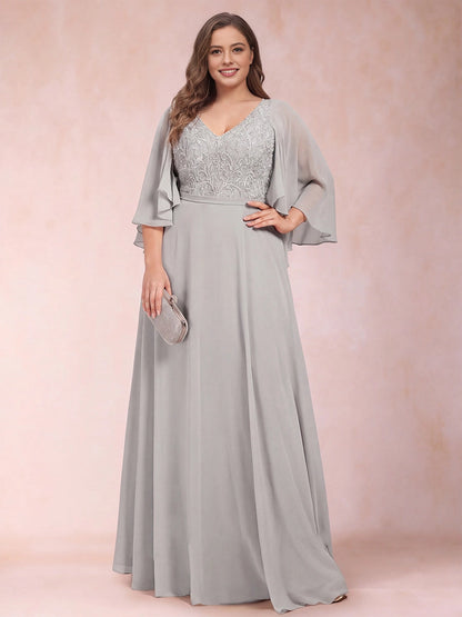 Roselledress grey chiffon plus size mother gown v neck embroidered lace cape sleeve wedding formal maxi dress front view