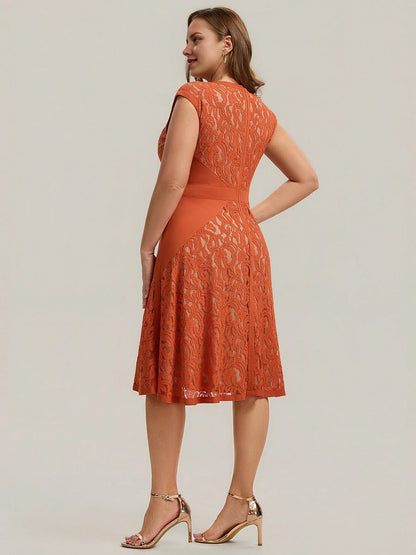 Chic A-Line V-Neck Cap Sleeve Zipper Back Knee-Length Plus Size Mother Of The Bride Dress