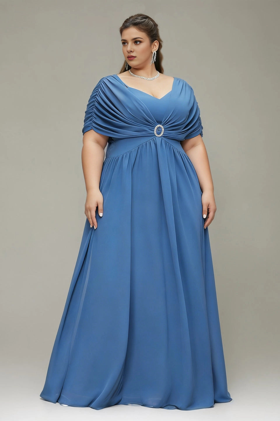Lapis Blue Plus Size A‑Line Off‑The‑Shoulder Draped‑Sleeve Deep‑V‑Back Floor‑Length Prom Dress