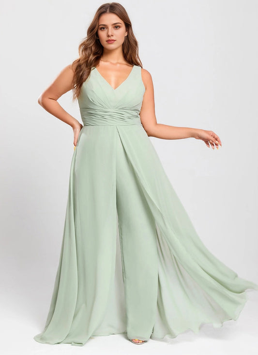 Roselledress sage green plus size chiffon bridesmaid jumpsuit v neck sleeveless overlay front view