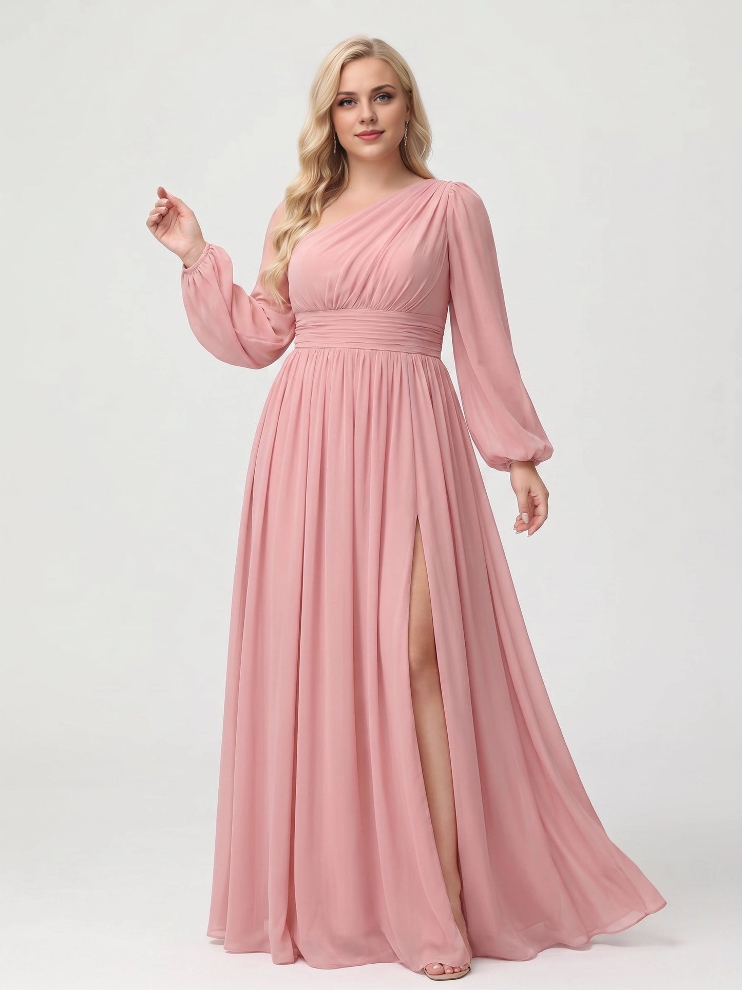 Graceful A-Line One Shoulder Long Sleeve Back Zipper Chiffon Plus Size Bridesmaid Maxi Dress
