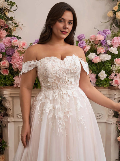 Dreamy A‑Line Off‑The‑Shoulder Short‑Sleeve Corset‑Back Court‑Train Plus Size Wedding Dress