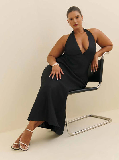 Black Halter Deep V‑Neck Open Back Maxi Plus Size Wedding Guest Dress