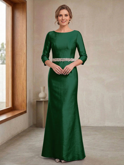 Satin Mermaid Bateau-Neck 3/4-Sleeve Zip-Back Floor-Length plus size Mother Of Bride Dress