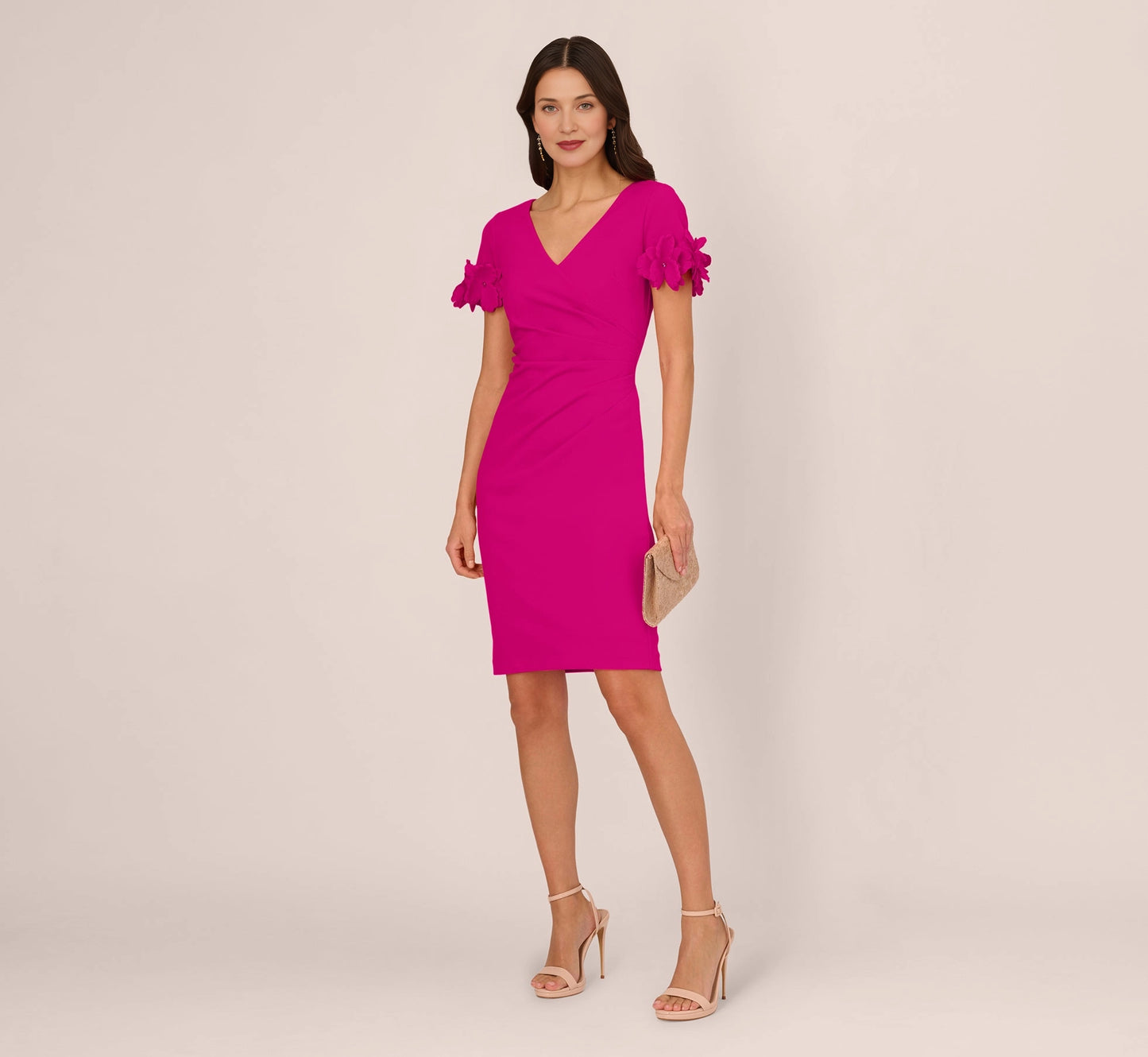 roselledress fuchsia wrap sheath mother of the bride dresses front view v neck short sleeve 3d floral cuff knee length crepe formal gown