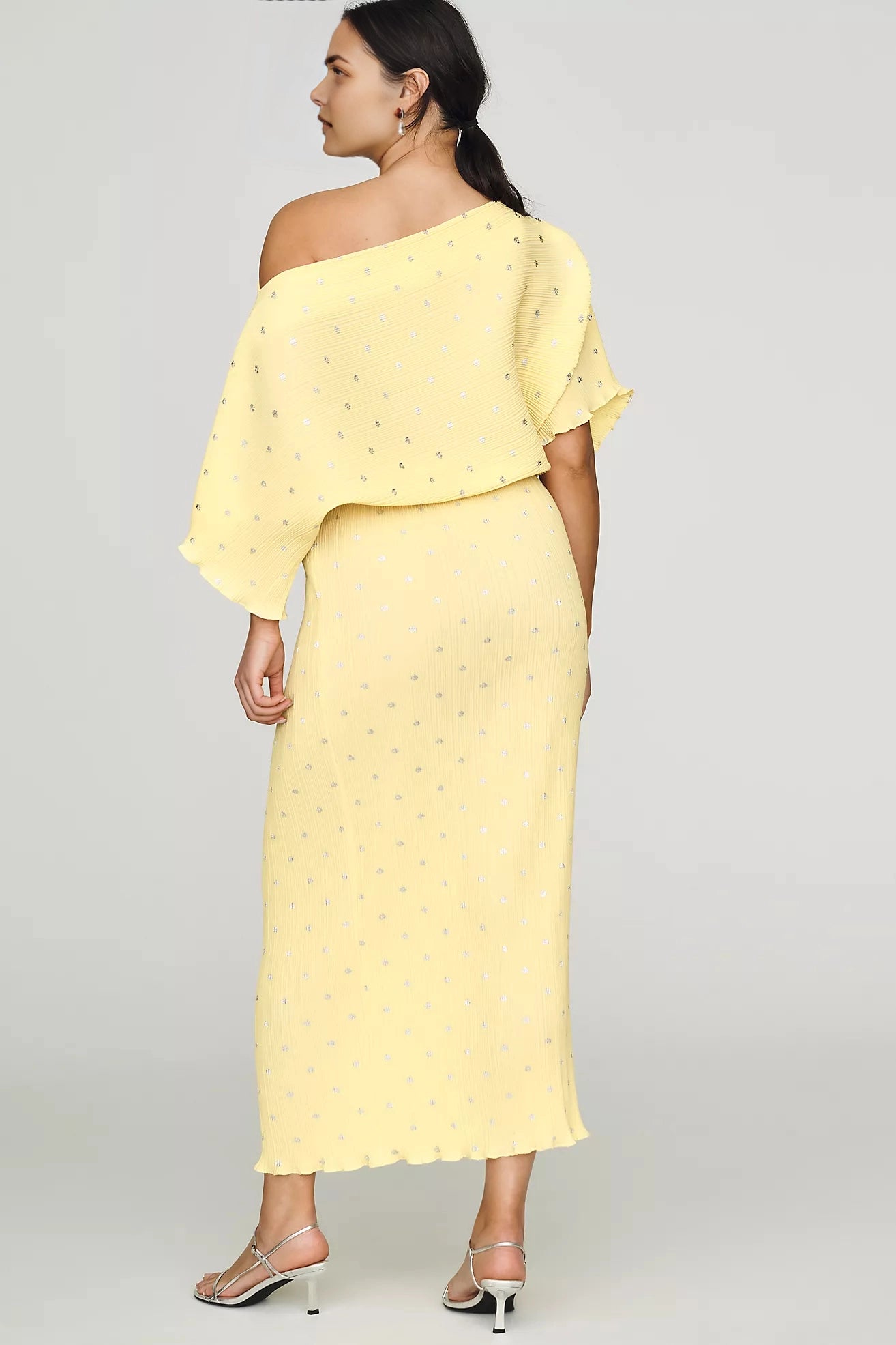 Roselledress plus size butter yellow draped midi formal gown back view