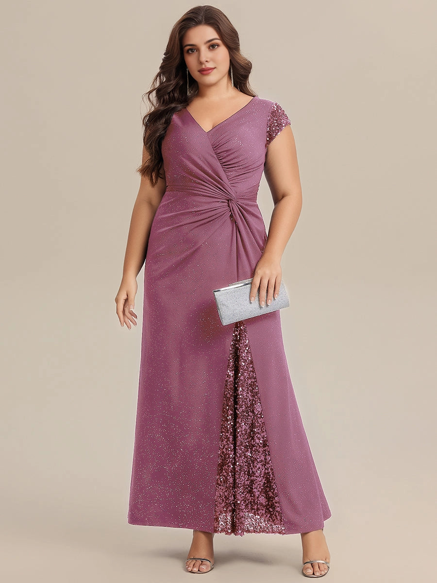 Roselledress Glitter Mermaid Deep V Cap Sleeve V Back Floor Length Plus Size Wedding Guest Dress