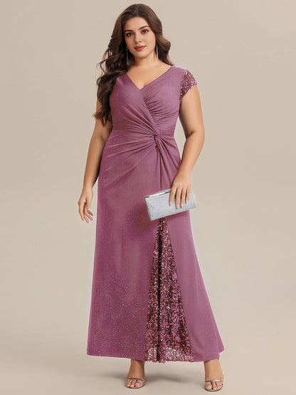 Roselledress Glitter Mermaid Deep V Cap Sleeve V Back Floor Length Plus Size Wedding Guest Dress