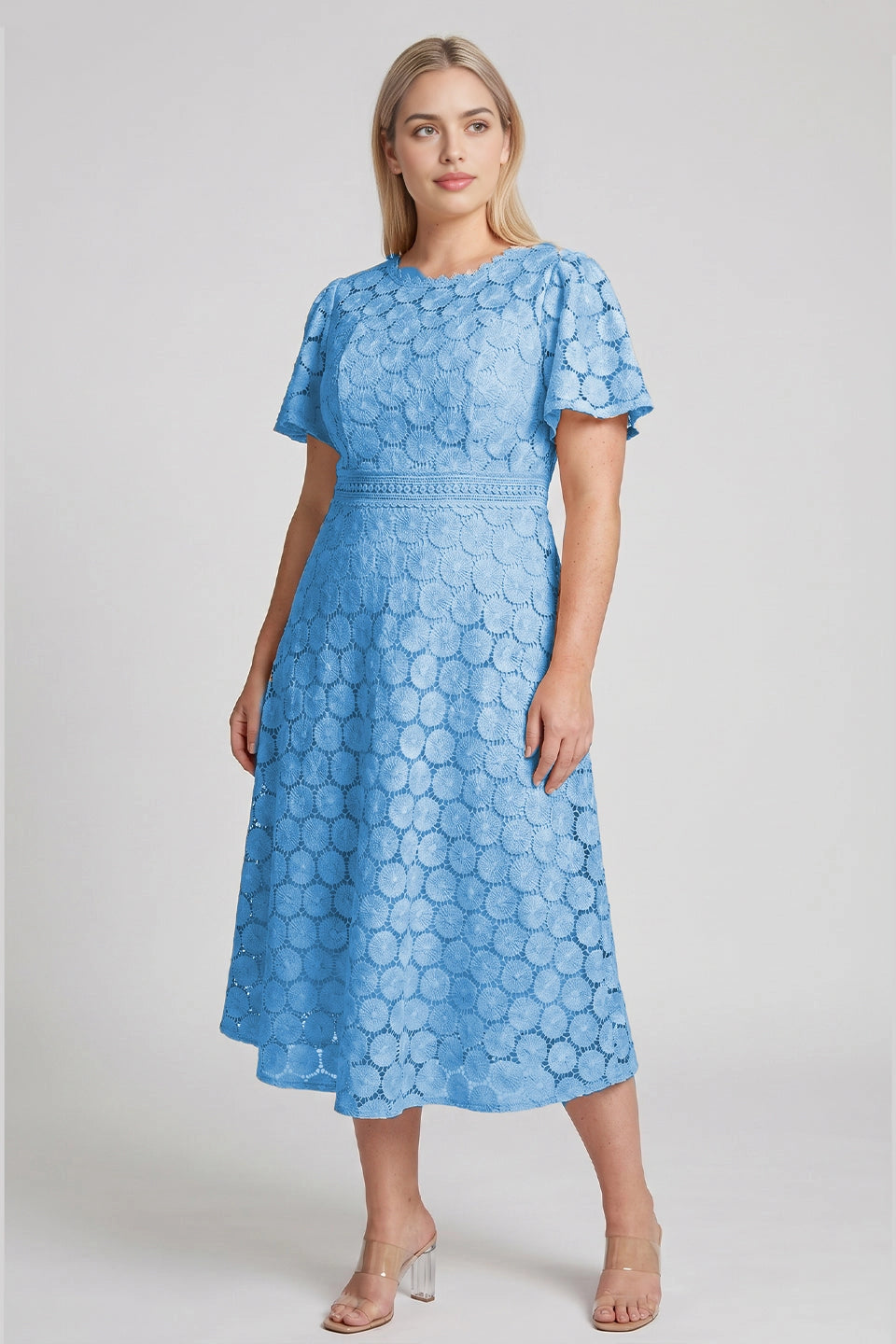 dress light blue plus size a-line round neck lace midi wedding guest dress for curvy women daytime events