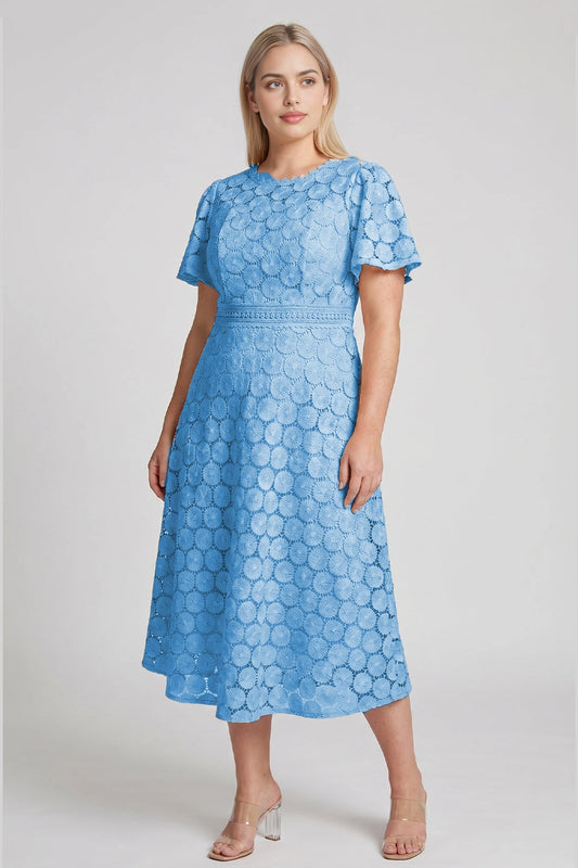 Roselledress light blue plus size a-line round neck lace midi wedding guest dress for curvy women daytime events