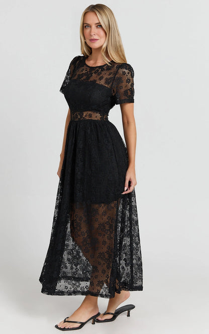 Round Neck Short Sleeve Waist Cutout Lace Midi Plus Size Wedding Guest Dress