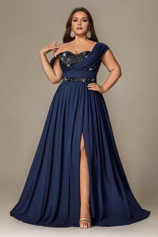 roselledress navy plus size a-line off shoulder sequin bridesmaid gown with front thigh slit for curvy women
