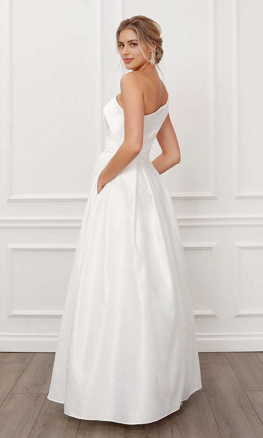roselledress ivory a-line bridal gown seamless plain low open back vertical invisible zipper strapless pocket satin minimalist elopement wedding dress back view
