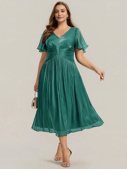 Sage Shimmer Chiffon Flutter Sleeve Midi Plus Size Wedding Guest Dress