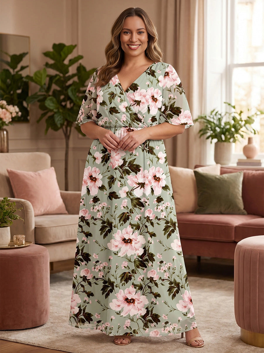 roselledress sage green pink floral print v‑neck flutter sleeve a‑line plus‑size prom dress front view