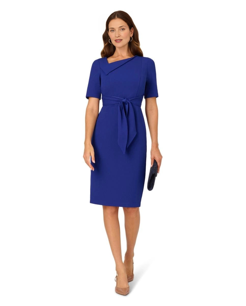 roselledress royal blue tie waist sheath mother of the bride dresses front view asymmetric folded neck elbow sleeve knee length crepe formal gown
