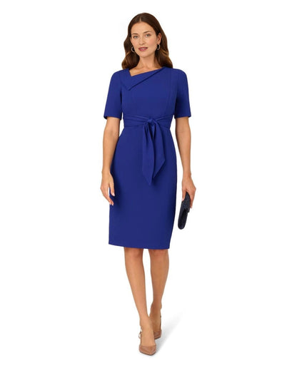 roselledress royal blue tie waist sheath mother of the bride dresses front view asymmetric folded neck elbow sleeve knee length crepe formal gown