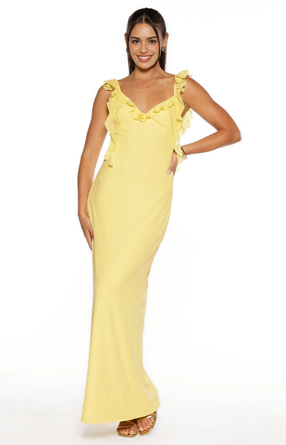 Yellow Sheath V Neck Ruffle Strap Ruched Open Back Long Prom Dress