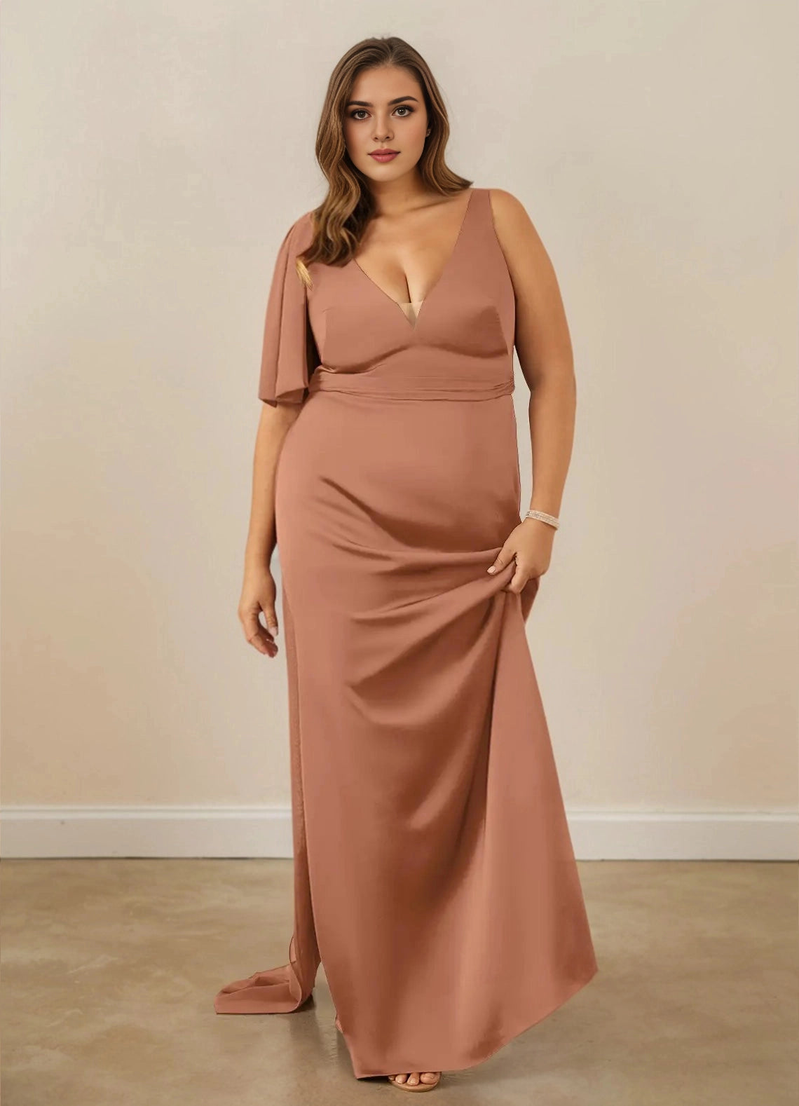 roselledress dusty rose plus size bridesmaid mermaid dress v neck single flutter sleeve satin formal gown
