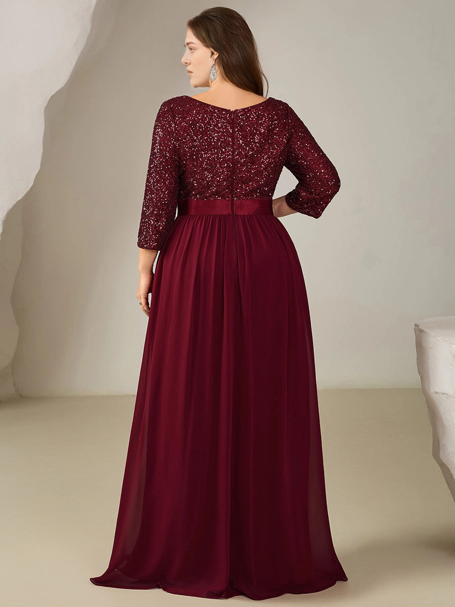 back view roselledress plus size a-line wedding guest dress full sequin 3/4 sleeve invisible zipper matching satin waist burgundy long chiffon formal dress
