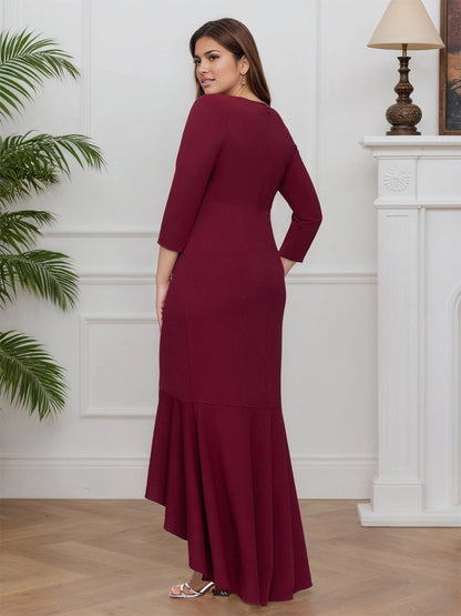 Back view Roselledress burgundy formal hi‑lo dress, plus size mother of bride gown with smooth round back zipper closure