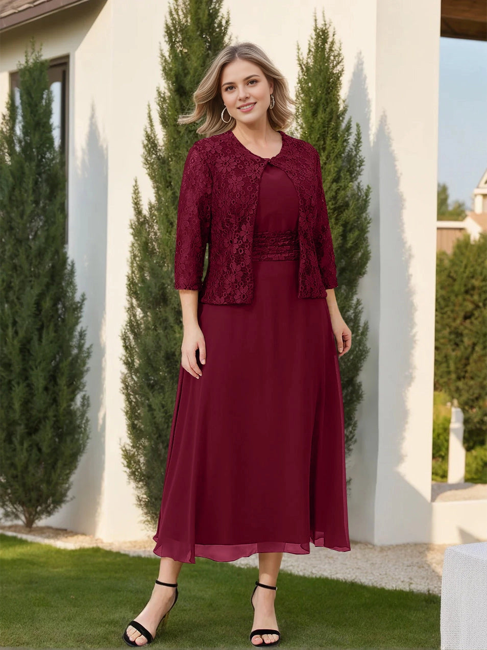 RoselleDress Plum A Line Round Neck 3/4 Sleeve Solid Back Midi Two Piece Plus Size Mother Of Bride Dress
