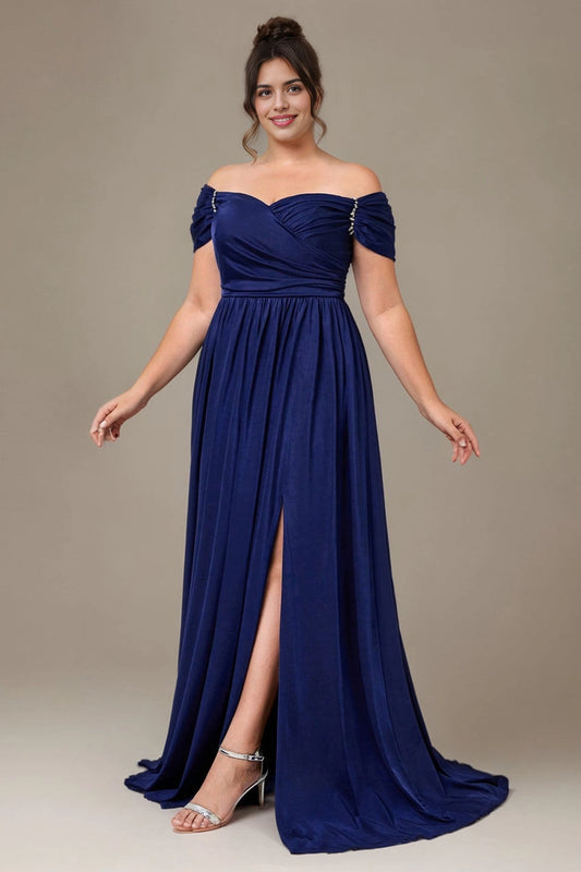 Roselledress navy plus size off shoulder long prom dress ruched rhinestone sleeve high slit a-line evening gown