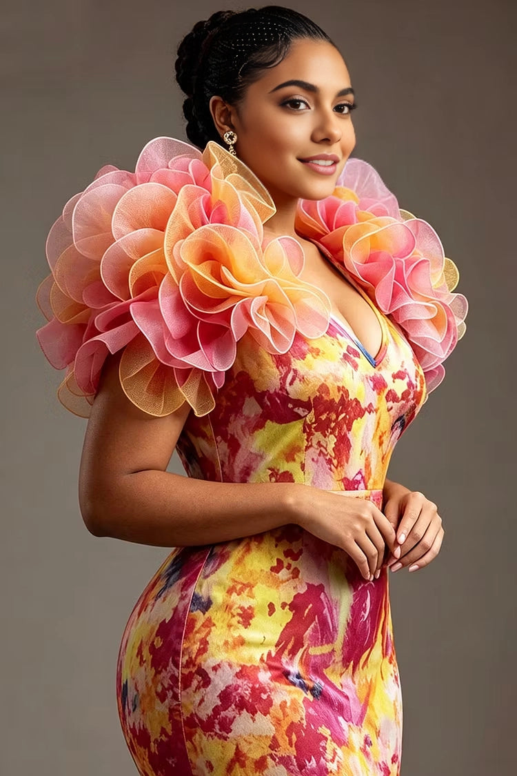 Roselledress Vibrant Mermaid V-Neck Flower Shoulder Back Zipper Printed Organza Plus Size Prom Dress