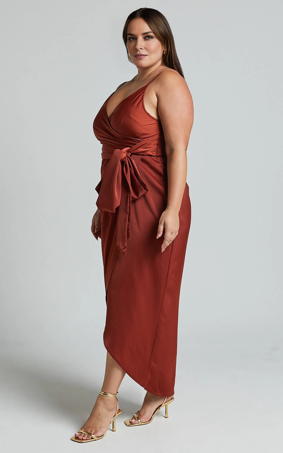 Spaghetti Strap Wrap V Neck Tie Waist Satin Midi Plus Size Bridesmaid Dress