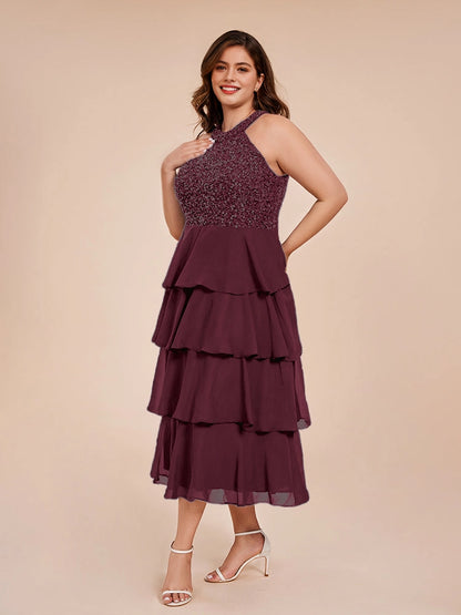 elegant a‑line halter sleeveless tie‑back midi plus size wedding guest dress