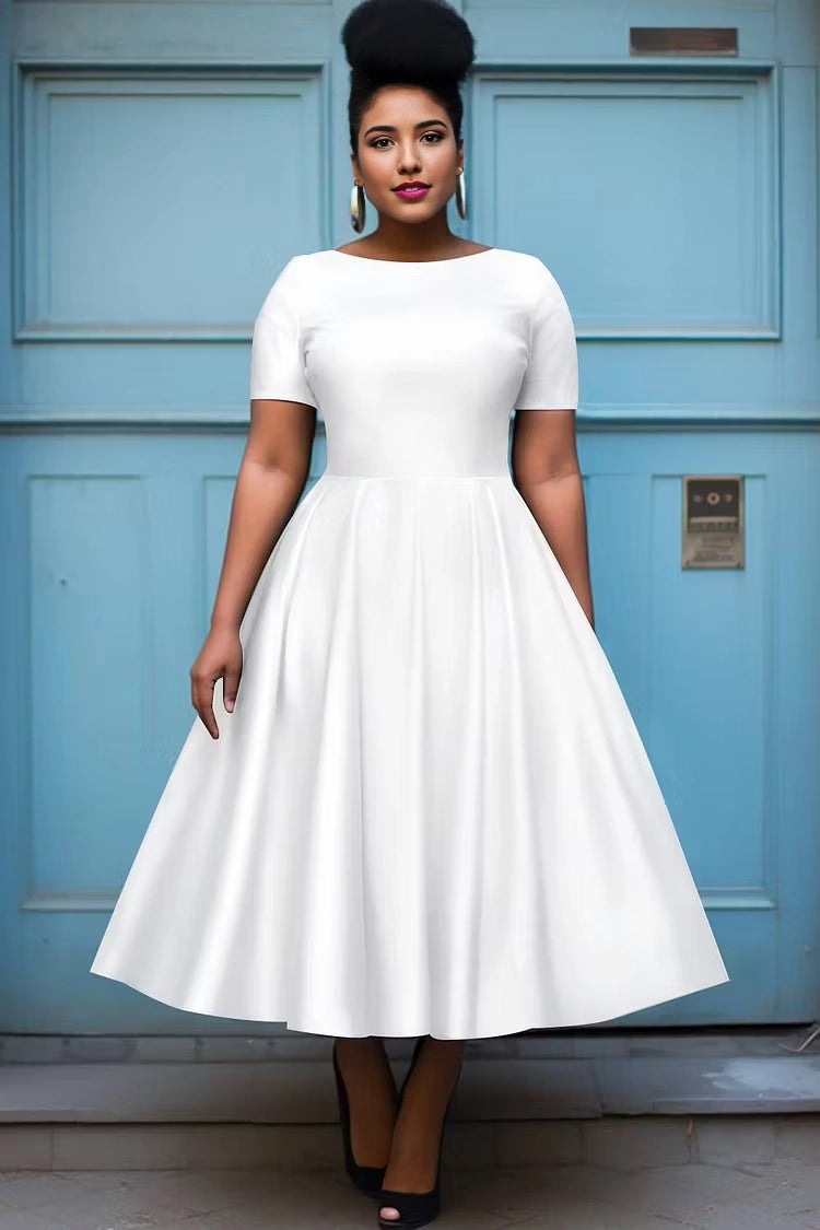 Roselledress Black A-Line Boat Neck Short Sleeve Solid Back Midi Plus Size Prom Dress