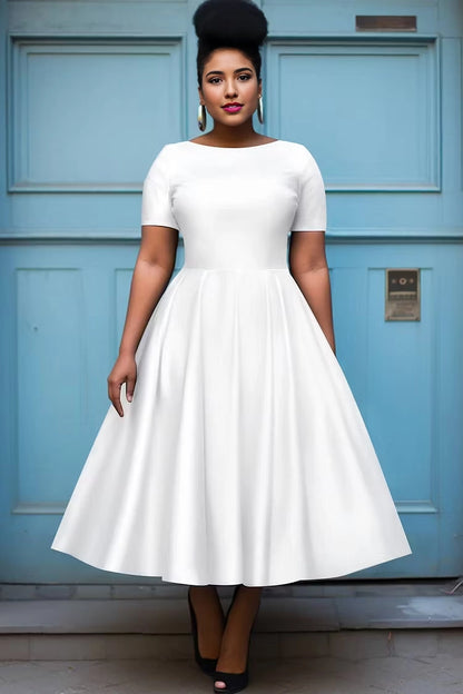 Roselledress Black A-Line Boat Neck Short Sleeve Solid Back Midi Plus Size Prom Dress