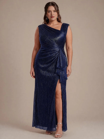 Roselledress Asymmetric One‑Shoulder Ruched Waist Slit Maxi Plus Size Wedding Guest Dress