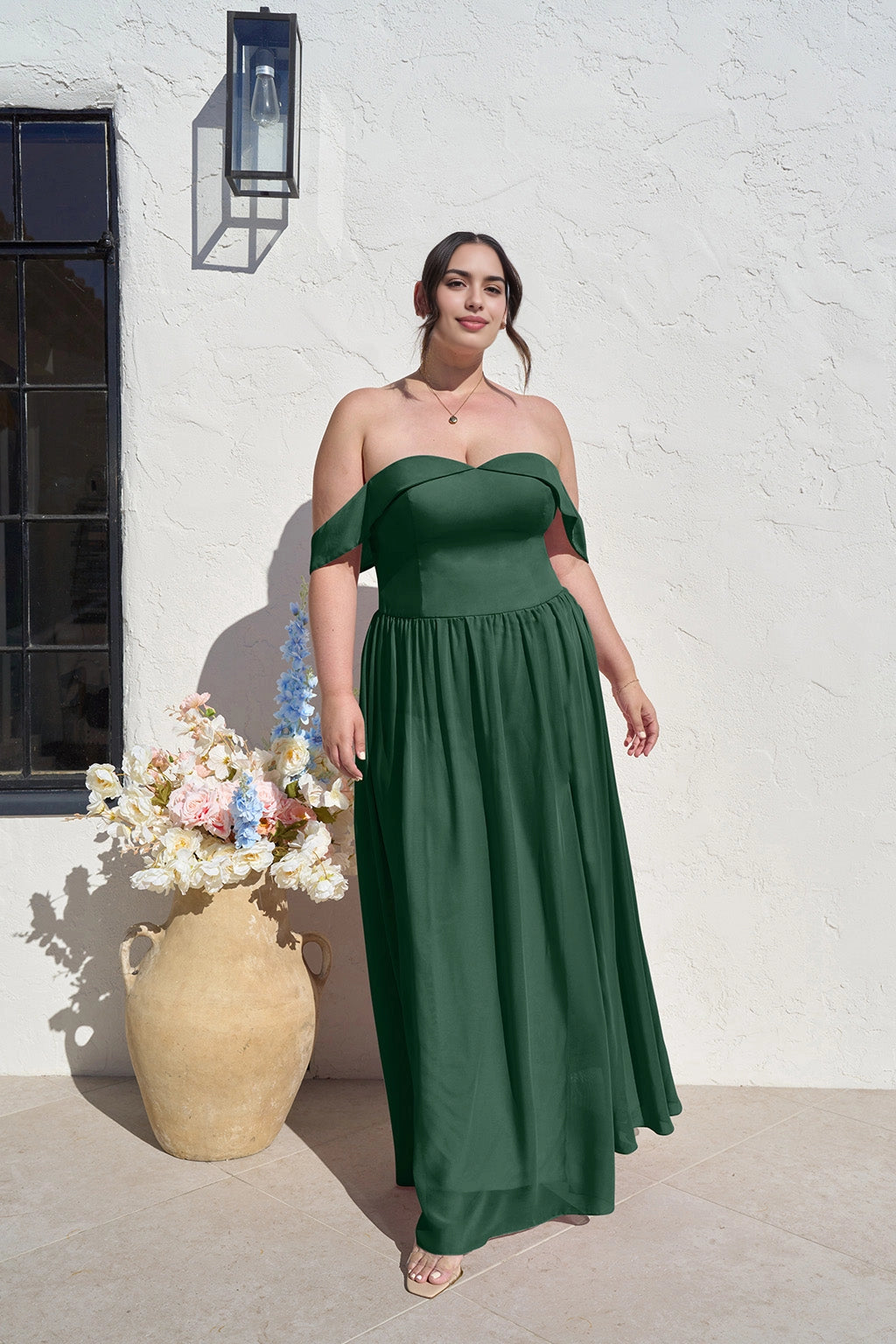 Romantic A-Line Sweetheart Off Shoulder Zipper Back Long Plus Size Bridesmaid Dress