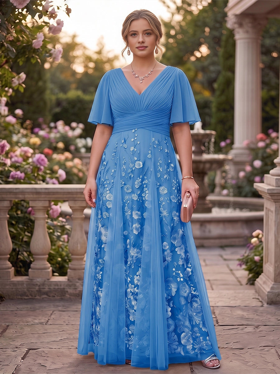 Dreamy Plus Size A-Line V-Neck Flutter-Sleeve V-Back Floor-Length Mother Of Bride Dress