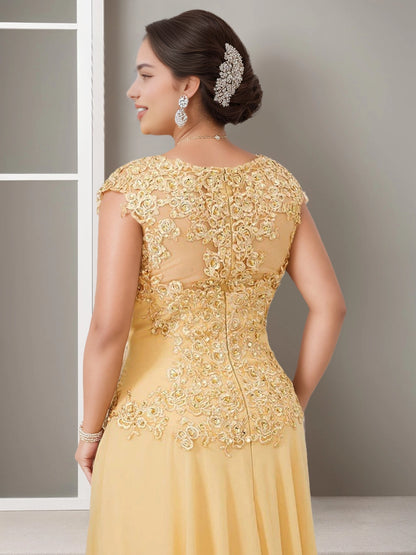 Golden Yellow A‑Line Illusion Neck Cap Sleeve Illusion Back Floor Length Plus Size Mother Of The Bride Dress