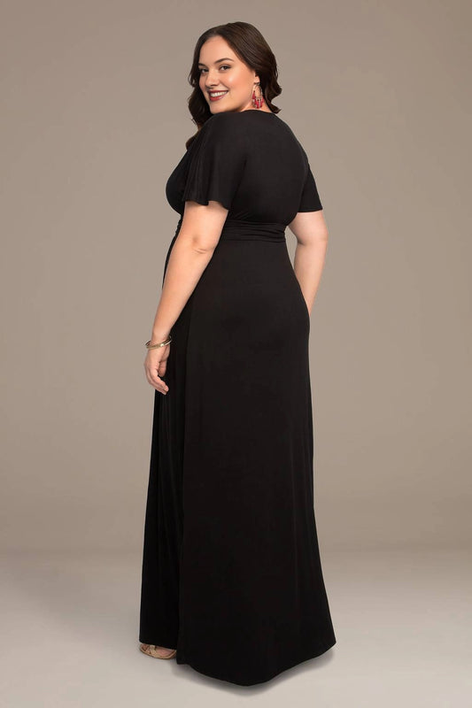 Black plus size maxi mother of the bride dress with flutter sleeves and ruched back waist