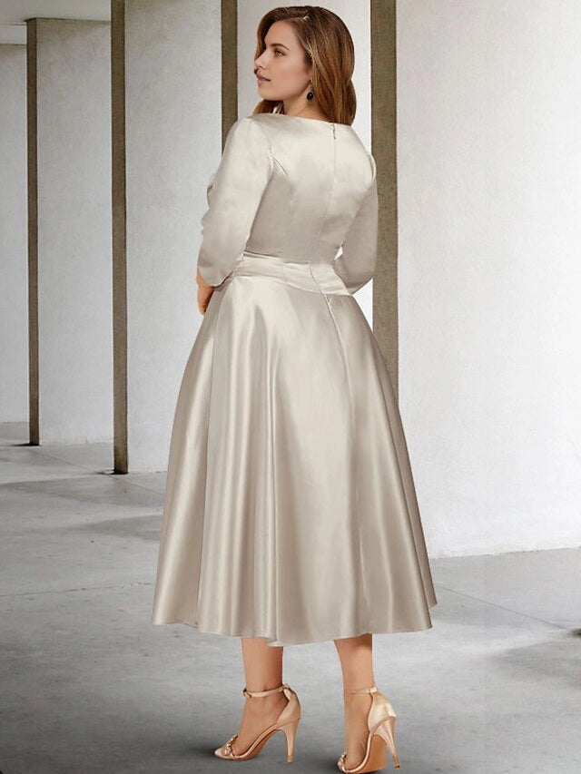 Roselledress back view champagne midi formal dress,closed plain back satin 3/4 sleeve plus size wedding guest gown