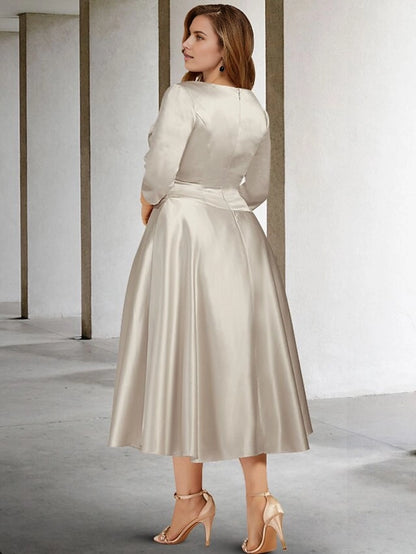 Roselledress back view champagne midi formal dress,closed plain back satin 3/4 sleeve plus size wedding guest gown
