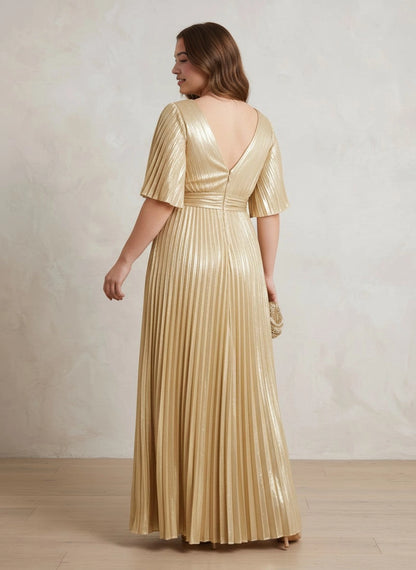 Roselledress shiny gold pleated evening gown back view, deep v-back zipper closure plus size wedding guest maxi dress