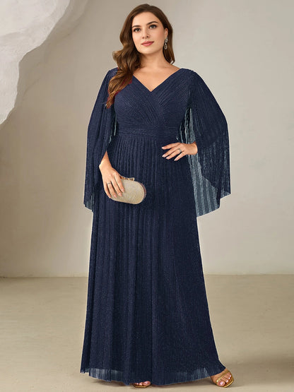 Roselledress Burgundy A Line V Neck Cape Sleeve Cutout Back Maxi Plus Size Wedding Guest Dress