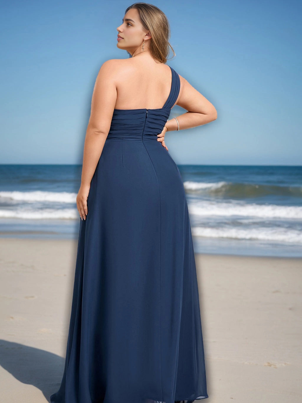 roselledress curvy navy chiffon bridesmaid dress ruched open back hidden zipper single strap floor length seaside bridal party dress