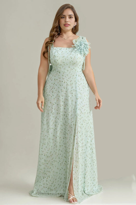 roselledress mint green plus size a-line square neck floral chiffon bridesmaid gown with 3d flower for curvy women