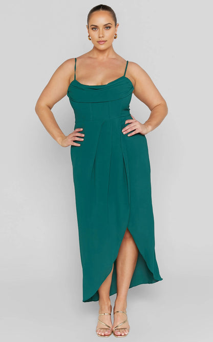 Glamorous A‑Line Cowl Neck Spaghetti Strap Open Back Slit Maxi Length Plus Size Prom Dress