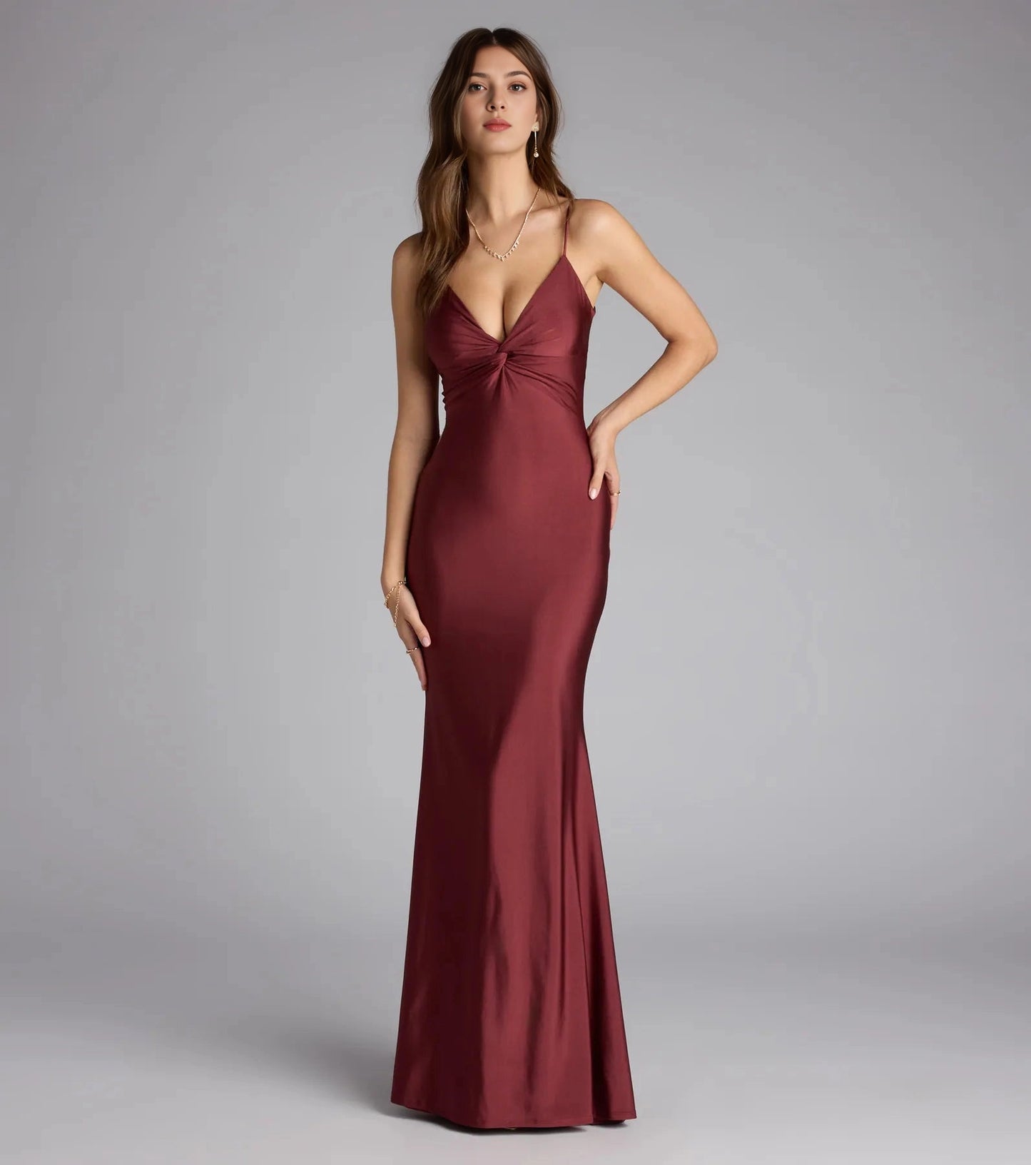 RoselleDress Burgundy Glossy Satin Twist V-Neck Mermaid Maxi Bridesmaid Dress For Fall Wedding Guest