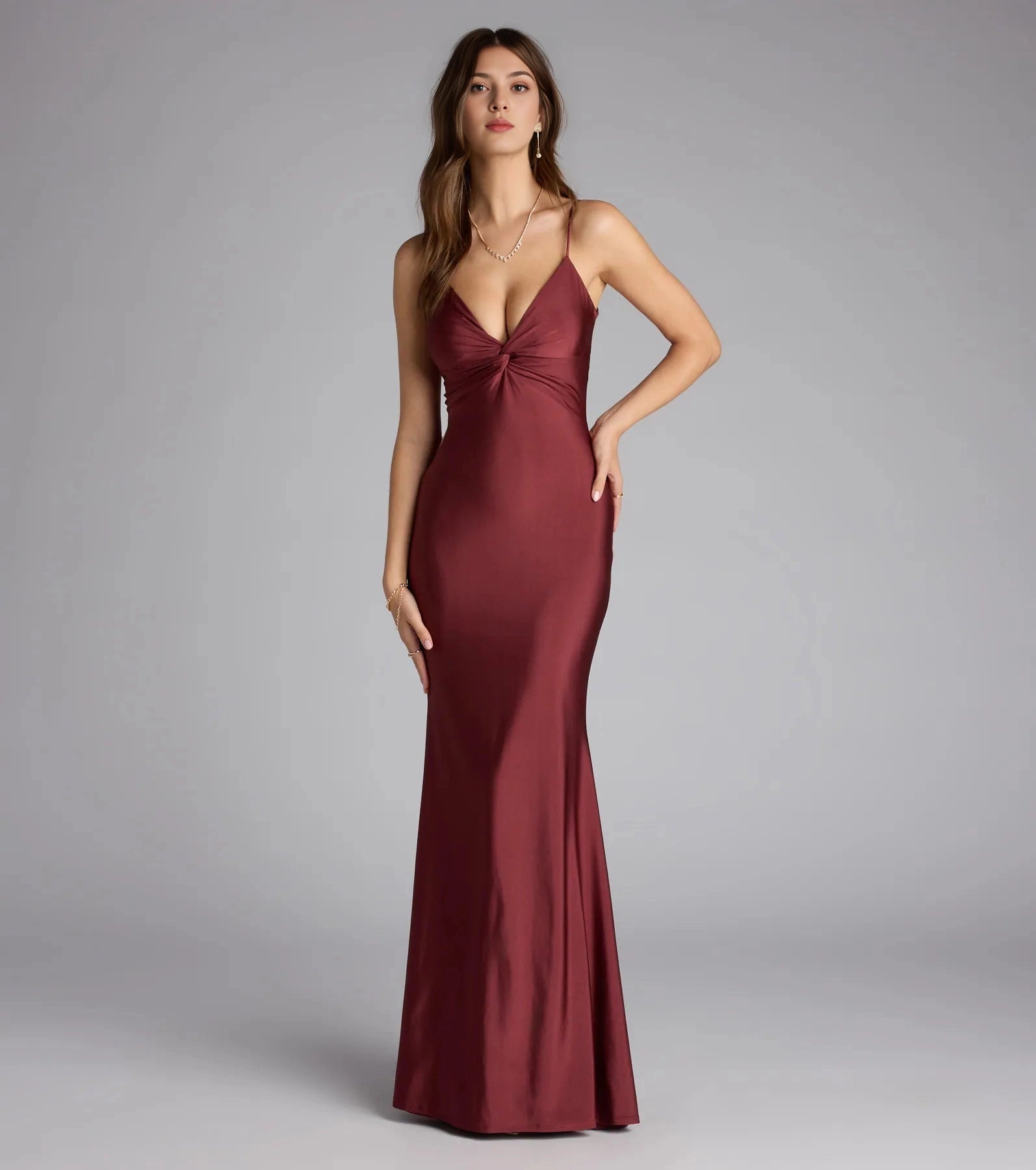 RoselleDress Burgundy Glossy Satin Twist V-Neck Mermaid Maxi Bridesmaid Dress For Fall Wedding Guest