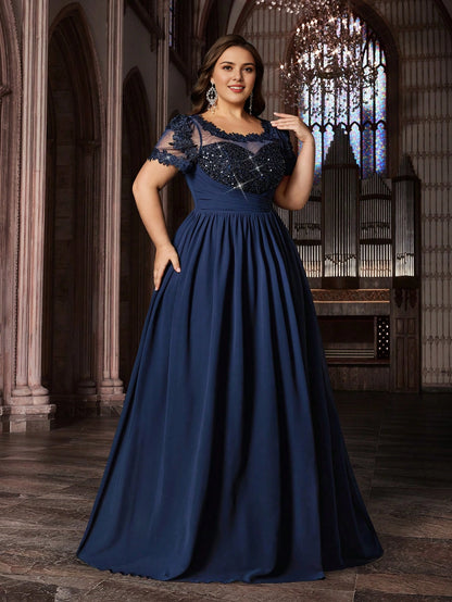 Navy Plus Size A‑Line Square‑Neck Short‑Lace‑Sleeve V‑Back Floor‑Length Prom Dress