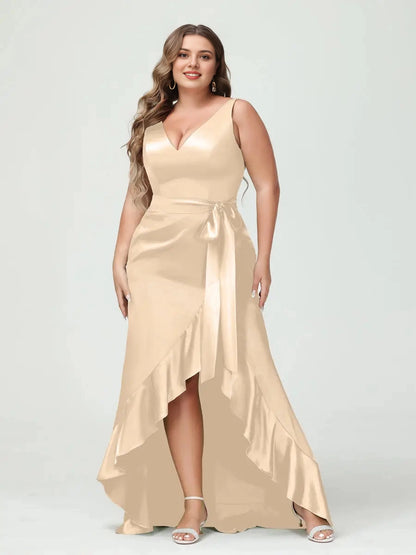 Elegant High-Low V-Neck Sash-Tie Zip-Back Plus Size Satin Prom Dress