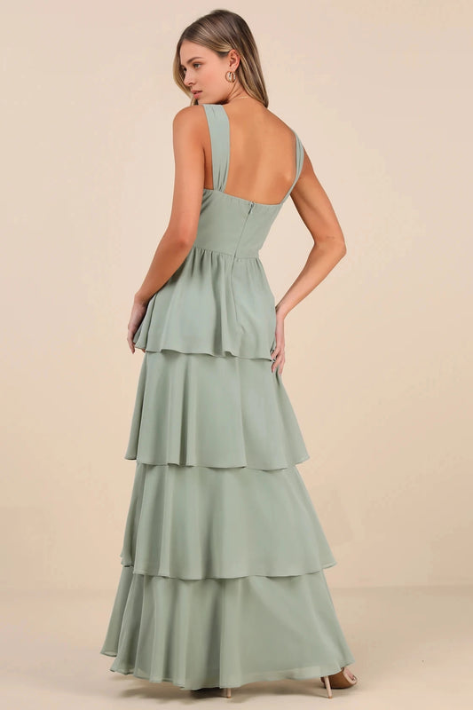 roselledress soft sage boho bridal gown seamless large plain low U open back vertical invisible zipper wide ruched strap tiered ruffle chiffon spring garden wedding guest dress full back view